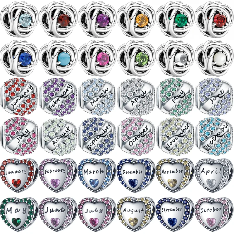 100% 925 Sterling Silver 12 Mesi Anno Zircone Colorato Scintillante Hollow Beads Fit Originale Pandora Charms Bracciale Gioielleria Raffinata