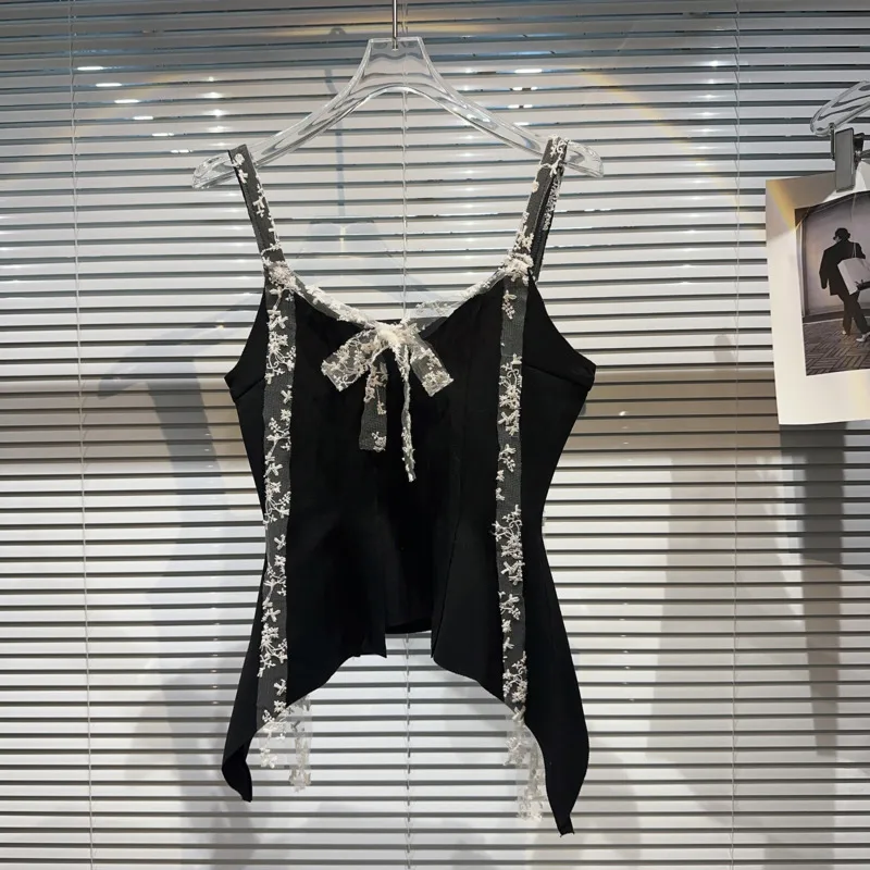 

BORVEMAYS Organza Tassel Drawstring Elegant Tank Tops Temperament Women Summer New 2023 Black Cuirass WZ2679