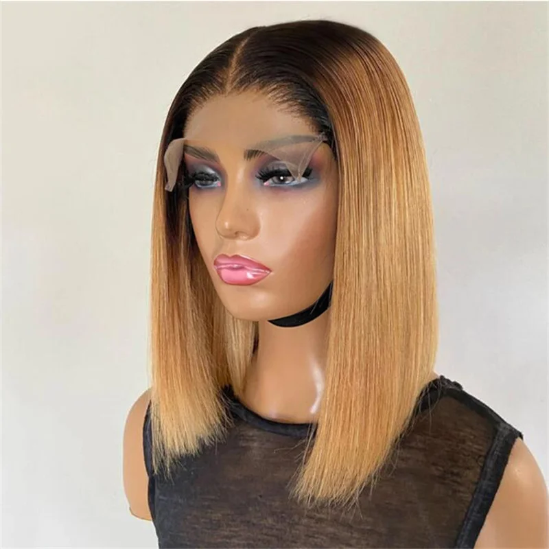 Short Bob Wig Silk Straight Ombre Blonde Remy Human Hair Wigs Glueless Pre Plucked With Baby Hair 13x4 Lace Front Wig For Women