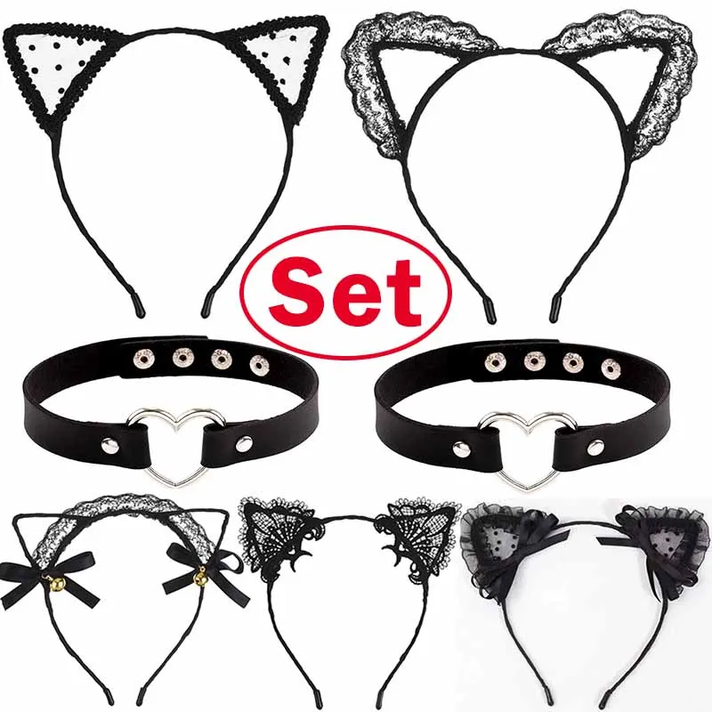 

Sexy Cat Ears Headband Necklace Bear Ears Bowknot Hairband Black Lace Choker Women Cosplay Party Dance Headwear Hair Accessories