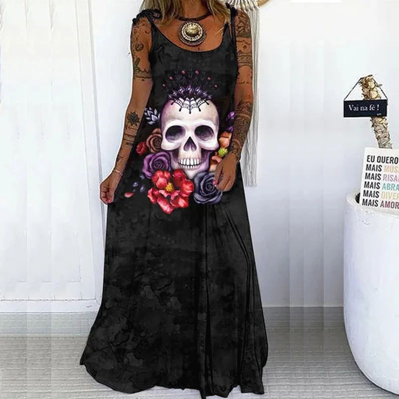 

Fashion Punk Skull Print Slip Party Dress Women Casual Loose Maxi Dress Summer Sleeveless Off Shoulder Long Beach Bohemian Dress