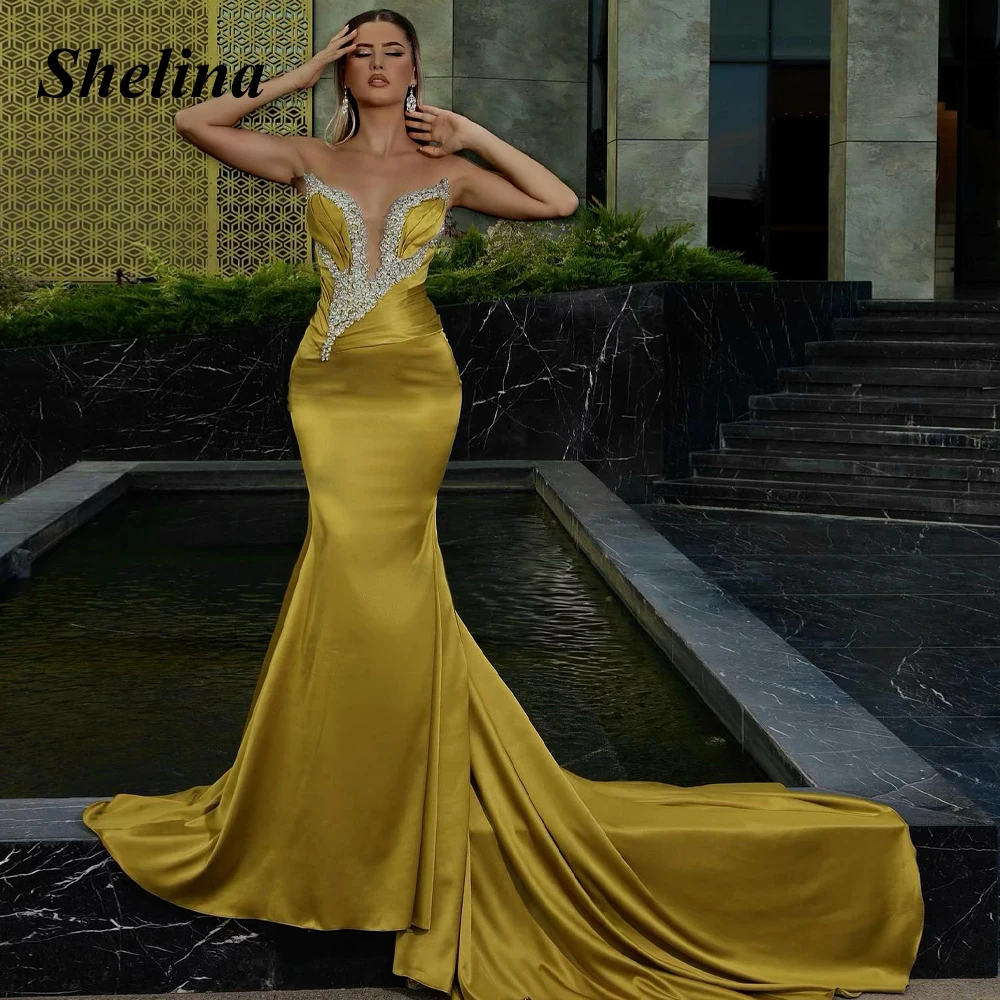 

Shelina Charming V-neck Homecoming Dresses Mermaid Crystal Pleat Sleeveless Sweep Train Backless Vestido De Noite Custom Made