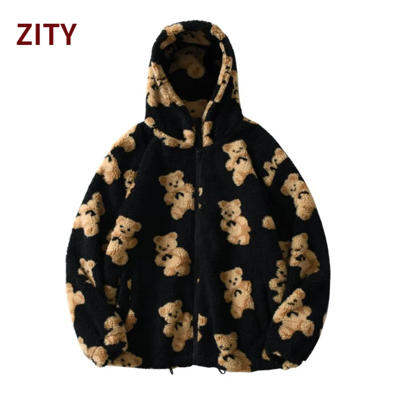 

New Arrival Cartoon Bear Fleece Hooded Jackets Women Casual Oversized Hoodie Female Zip Up Sweatshirt Teddy Coat Warm Hoodies