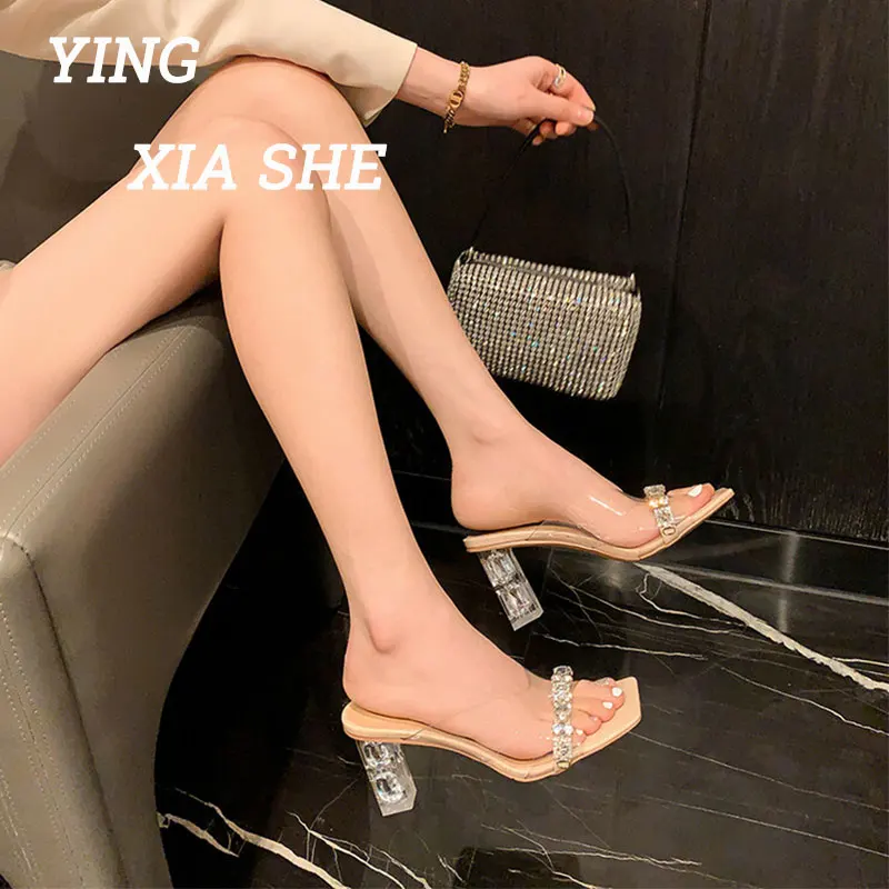

High quality women's shoes Rhinestone transparent crystal heel sandals