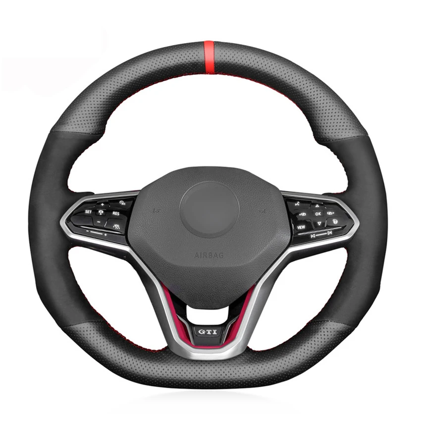 

Black Artificial Suede Leather Hand-stitched Car Steering Wheel Cover For Volkswagen VW Golf 8 MK8 GTI Golf GTE 2020-2021