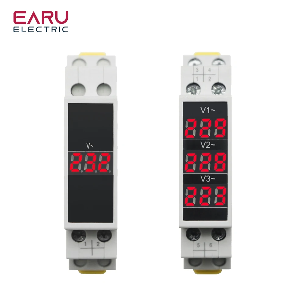 

Din Rail 18mm Voltage Meter AC 80-500V 220V 380V Single Three Phase Modular Voltmeter Indicator LED Digital Display Detector