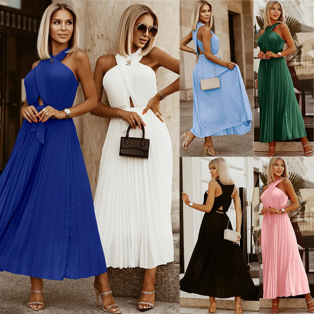 

Summer Maxi Dress New Sexy Temperament Design Cross Wrap Chest Pleated Chiffon Prom Dresses 2022 Women