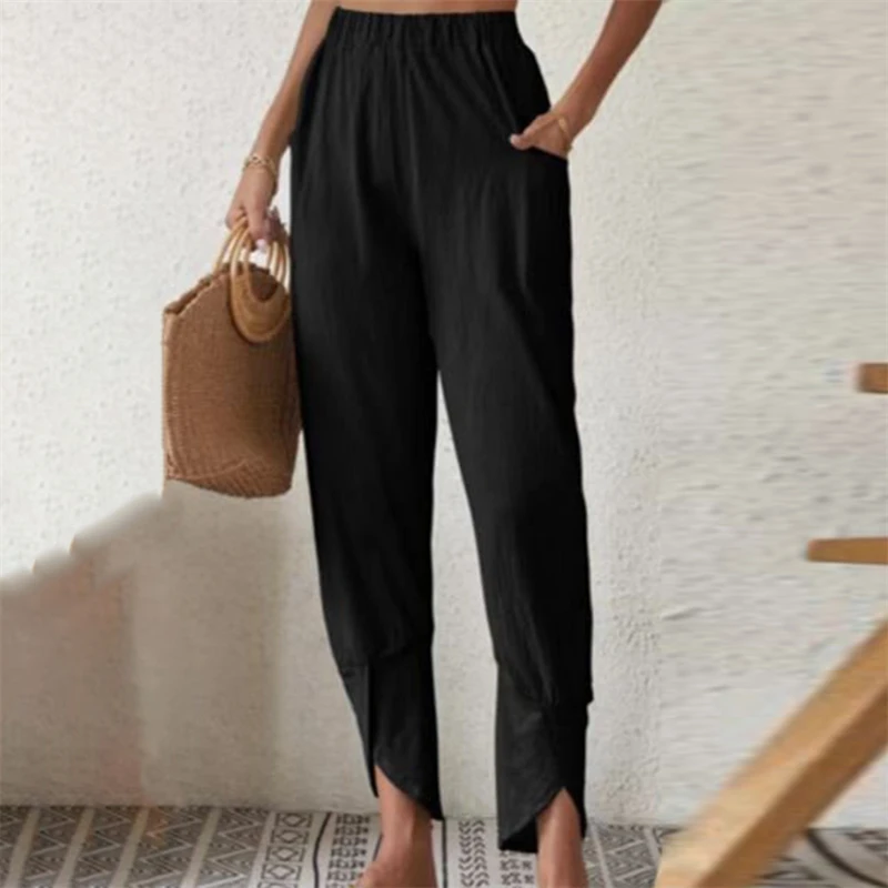 

Women Solid Color Straight Pants Casual Elastic Lace Up Cotton Linen Long Pants Female Daily High Waist Loose Wide Leg Trousers