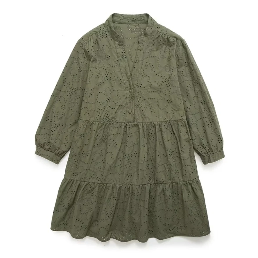 

Elmsk Rustic Army Green Casual Embroidered Cutout V-Neck Loose Mini Shirt Dress Women