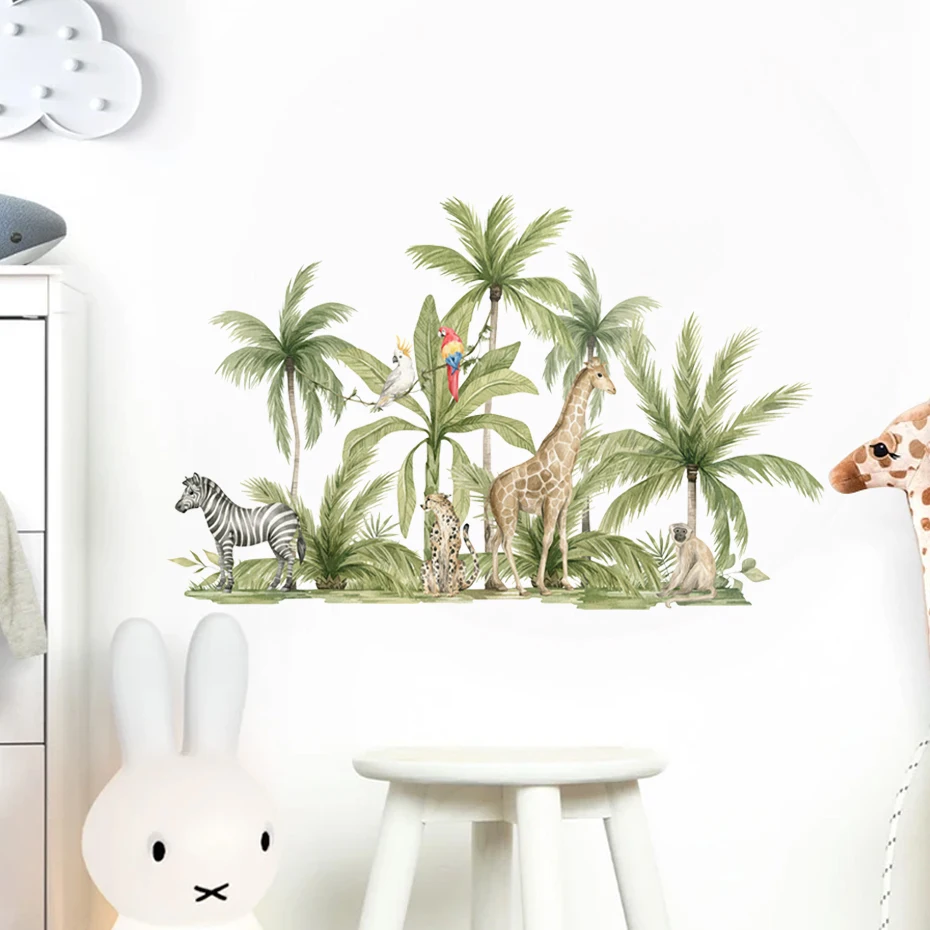 

Tropical Forest Giraffe Zebra Animal Tree Watercolor Vinyl Baby Nursery Room Wall Decals for Kids Room Decorative Sticker