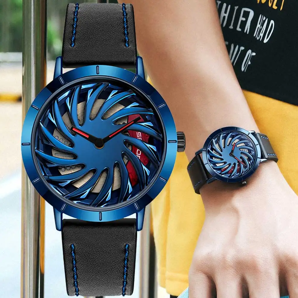 

Hot Sell Fashion Men Quartz WristWatch Sport Car Wheel Rim Hub Men Watch Leather Waterproof Creative 360 Degree Rotating Clock