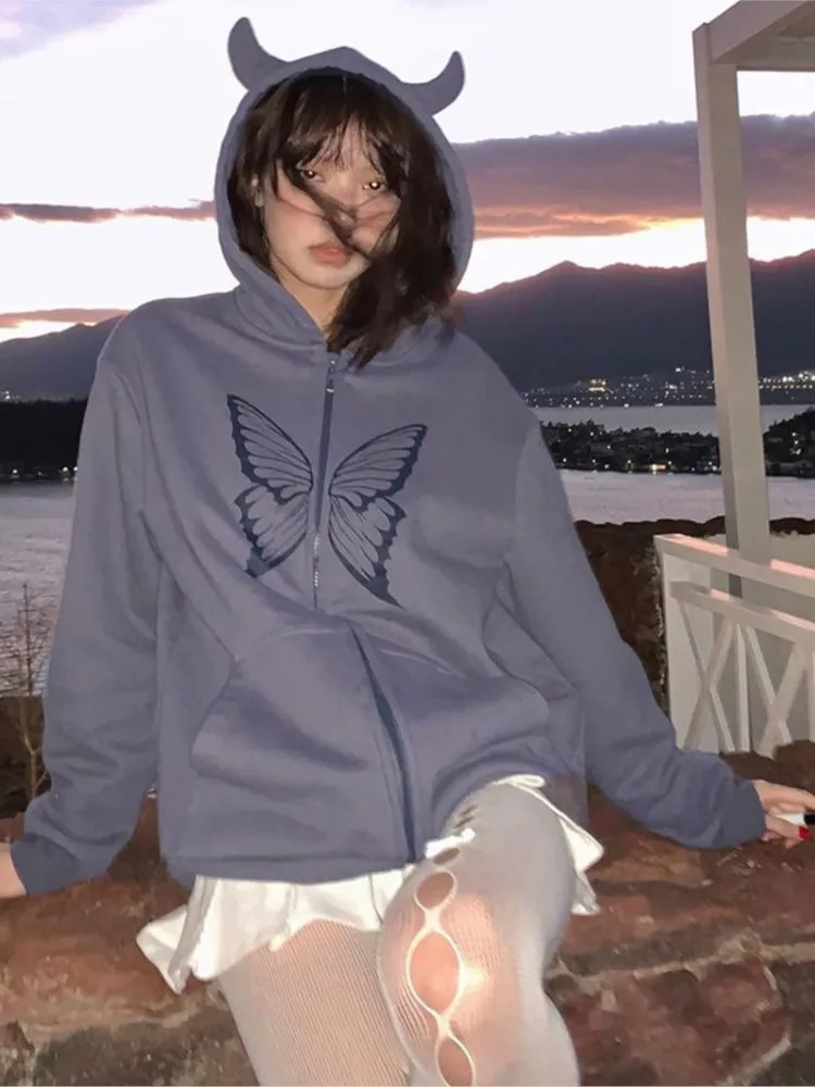 

Sweater Hoodie Dark Little Devil Harajuku Butterfly Print Personality Loose Jacket Purple Street Casual Fall 2022