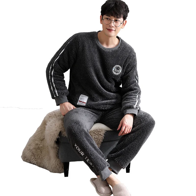 New Coral Velvet Pajamas Men's Winter Long Sleeve  Flannel Thickened Simple Leisure Warm Home Clothes