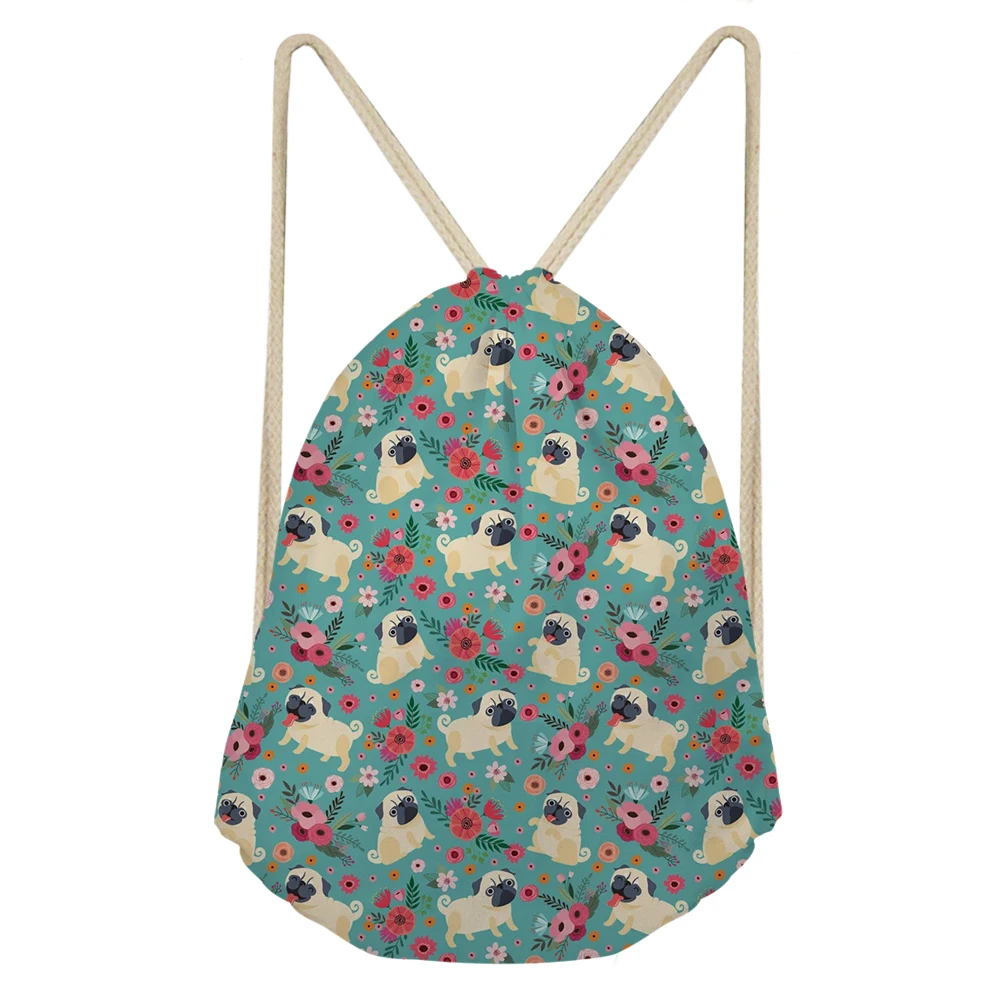 Cartoon Pug  Floral Print Drawstring Bag Girl Travel Mini String Knapsack Teenager Multifunction Double Shoulder Backpack Adults