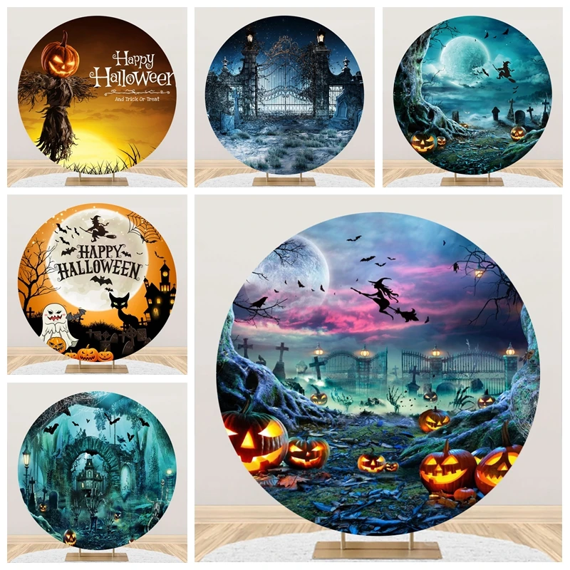 

Halloween Round Backdrop Horror Moon Night Witch Bat Pumpkin Circle Photography Background Festival Party Decor Baby Photocall