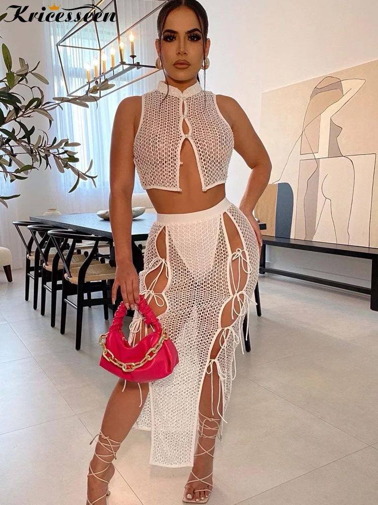 

Kricesseen сексуальный белый ажурный комплект из прозрачной юбки, Женский Топ без рукавов и бандажная юбка миди, костюмы, клубная одежда