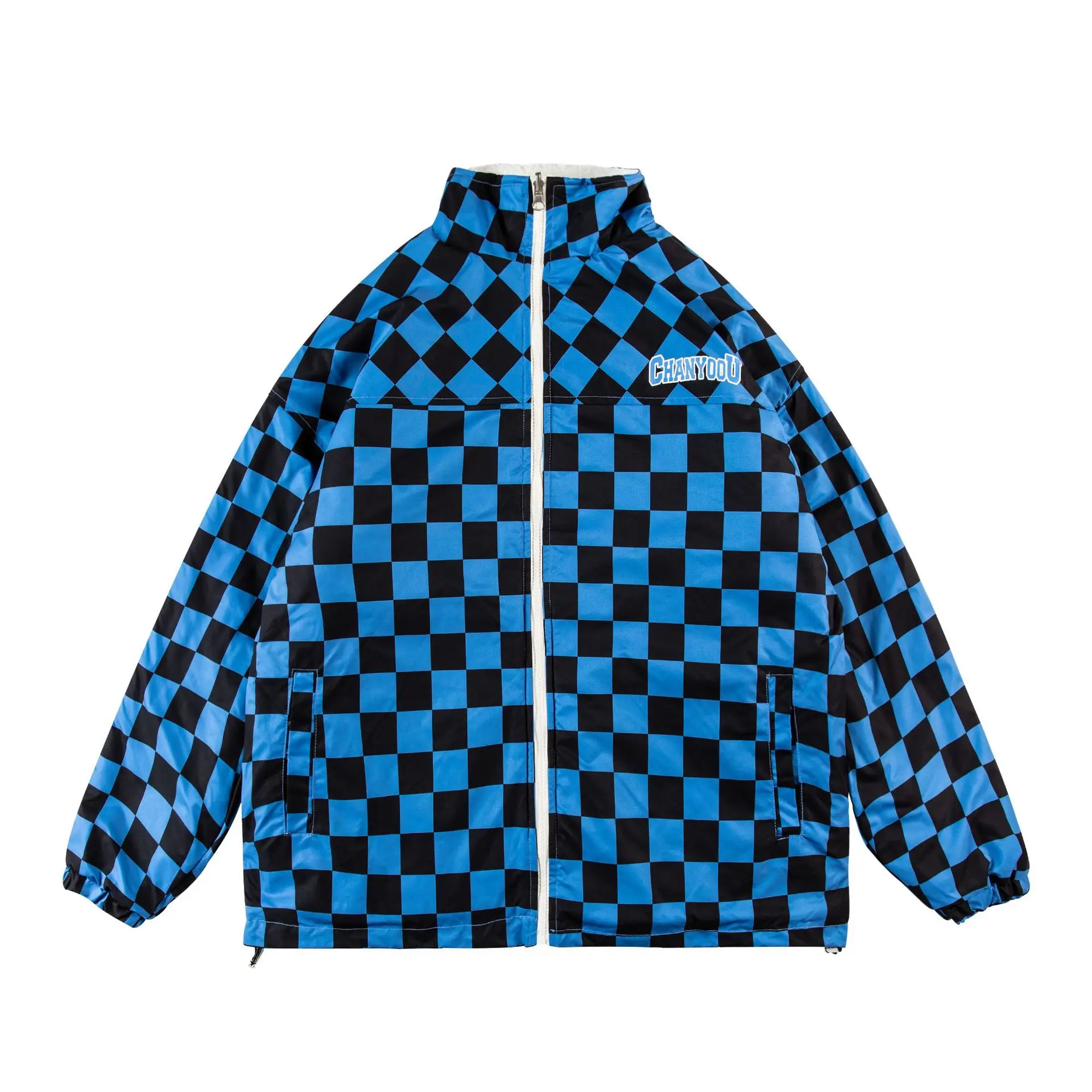 American hiphop double-sided checkerboard cotton clothing men's and women's winter national tide thickened lamb velvet jacket