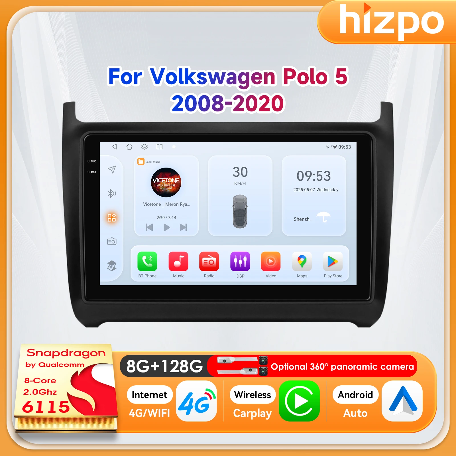 Фото Автомагнитола Hizpo 9 дюймов с Carplay для Volkswagen Polo 5 2008-2020, умный плеер, беспроводной Android Auto, GPS-навигация, BT 6115, WiFi, 4G №1