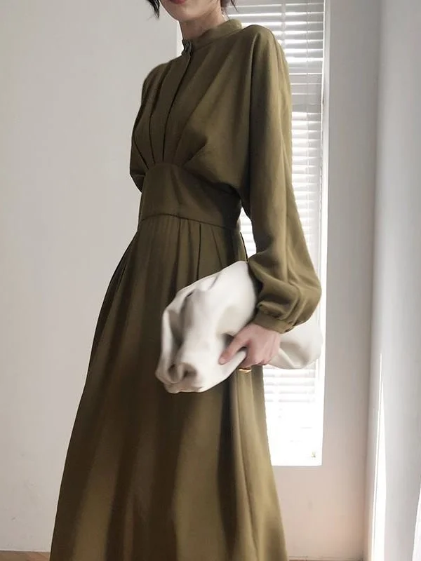 

Spring Autumn Elegant Vintage A- Line Dress Female Long Sleeve Bodycon Dress Women's Slim Pleated Midi Dress Solid Color Dresses