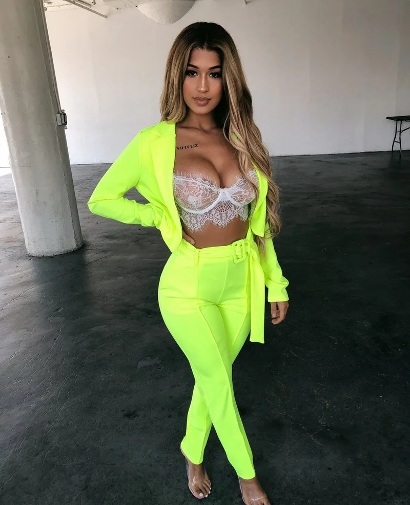 

Green Short Blazer High Waist Pant Suits Women Solid Color Two Piece Set Casual Office Blazer Suit with Free Belt Big Sashes OL