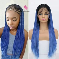 Synthetic Dark Roots Ombre Blue Box Braids Lace Front Wigs for Women Hand Tied Braided Wig Glueless Pre Plucked Micro Braids