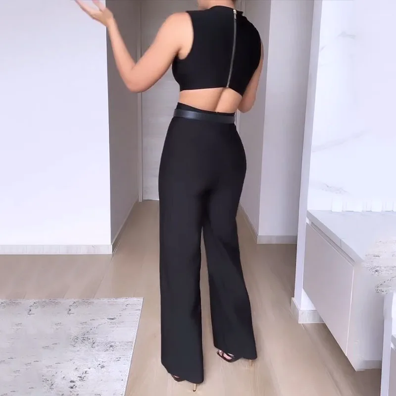 LIYONG Women Jumpsuit Fashion Sleeveless Round Neck Cutout Nipped Waist Loose Solid Casual Loose Wide Legs Pants High Streetwear