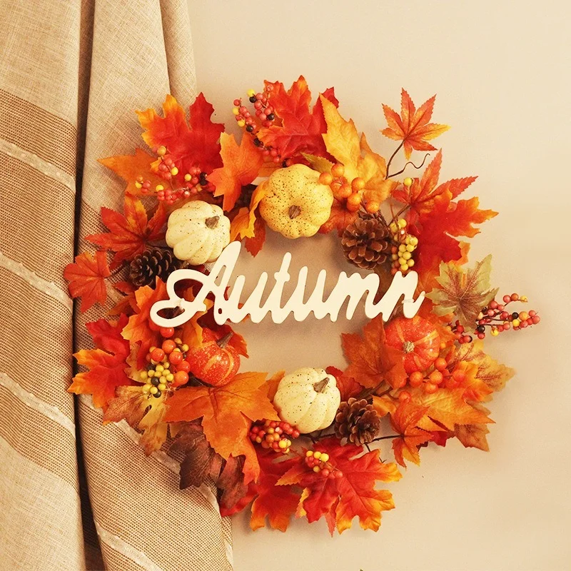 50cm Simulation Pumpkin Wreath Autumn Halloween Harvest Festival Home Decorations Wooden Sign Artificial Maple Leaf Door Pendant