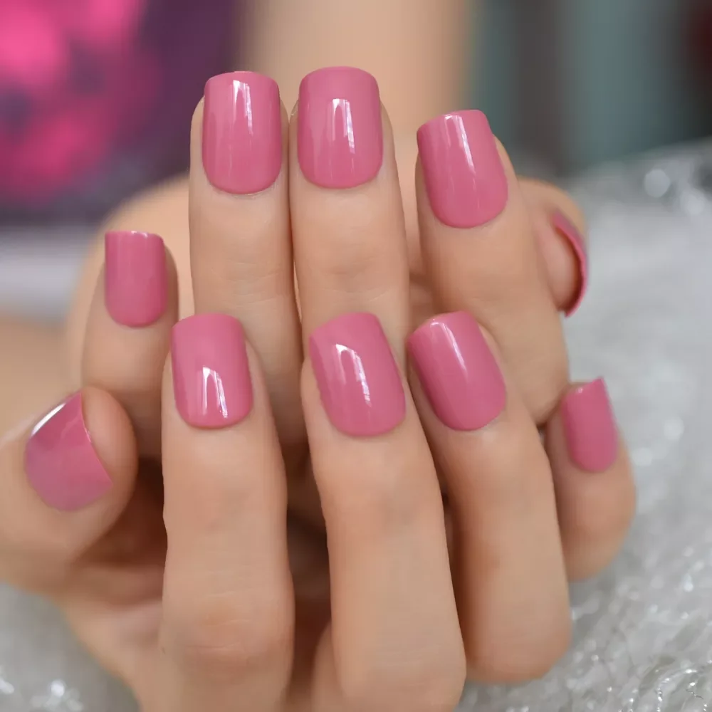 

NEW Fake Nails High Light Shiny Gelnails Rose Pink Square Short Ladies Fingernails Manicure Art Tips Wholesale 24 With Tab