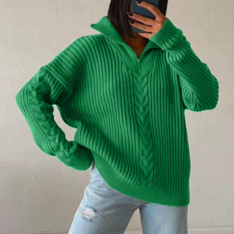 

Sumuyoo POLO Neck Sweater Lapel Collar Lazy Loose Relaxation Thin Autumn Winter Pure Woman Color Knitted Zipper Pullover