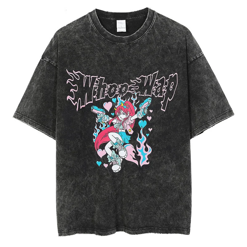 

Summer Men Washed T Shirt Hip Hop Streetwear Japanese Cartoon Anime Girl Graphic T-Shirt Harajuku Cotton Loose Vintage Tops Tees