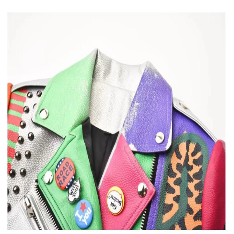 Autumn leather jackets womens winter badge rivets graffiti stand collar slim street coats motorcycle diagonal zipper clothes enlarge