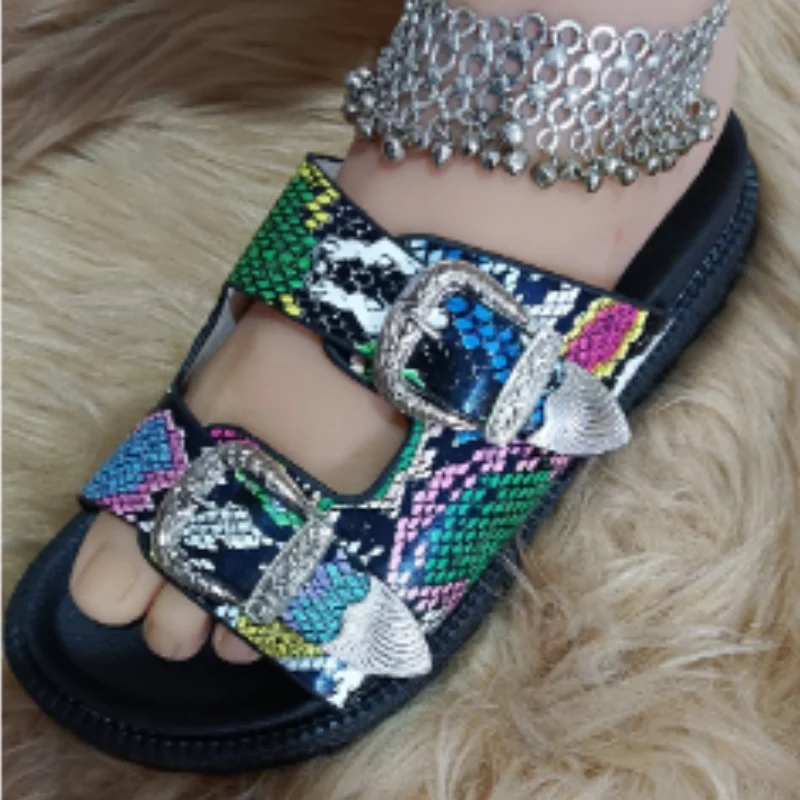 Shoes for Women New Summer Leopard Metal Decoration Leather Button Women's Slippers Non Slip Casual Ladies Sandals Beach Flats