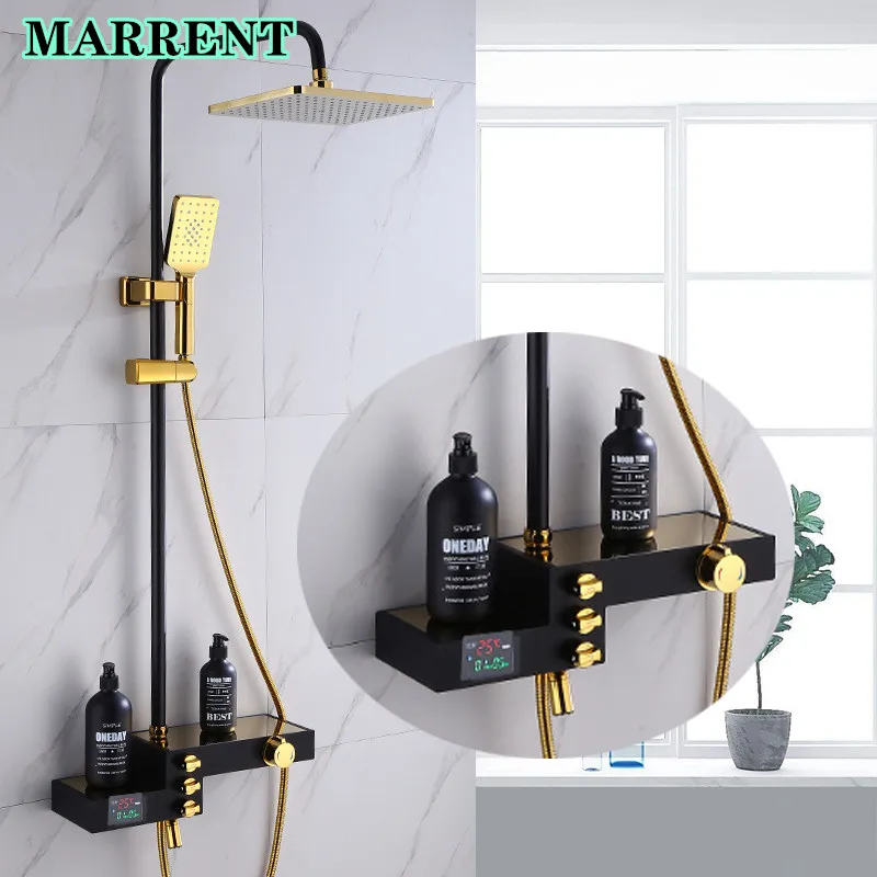 

Набор для душа с термостатом, латунный Смеситель для горячей и холодной воды, дождевая насадка для душа, розовое золото, черный