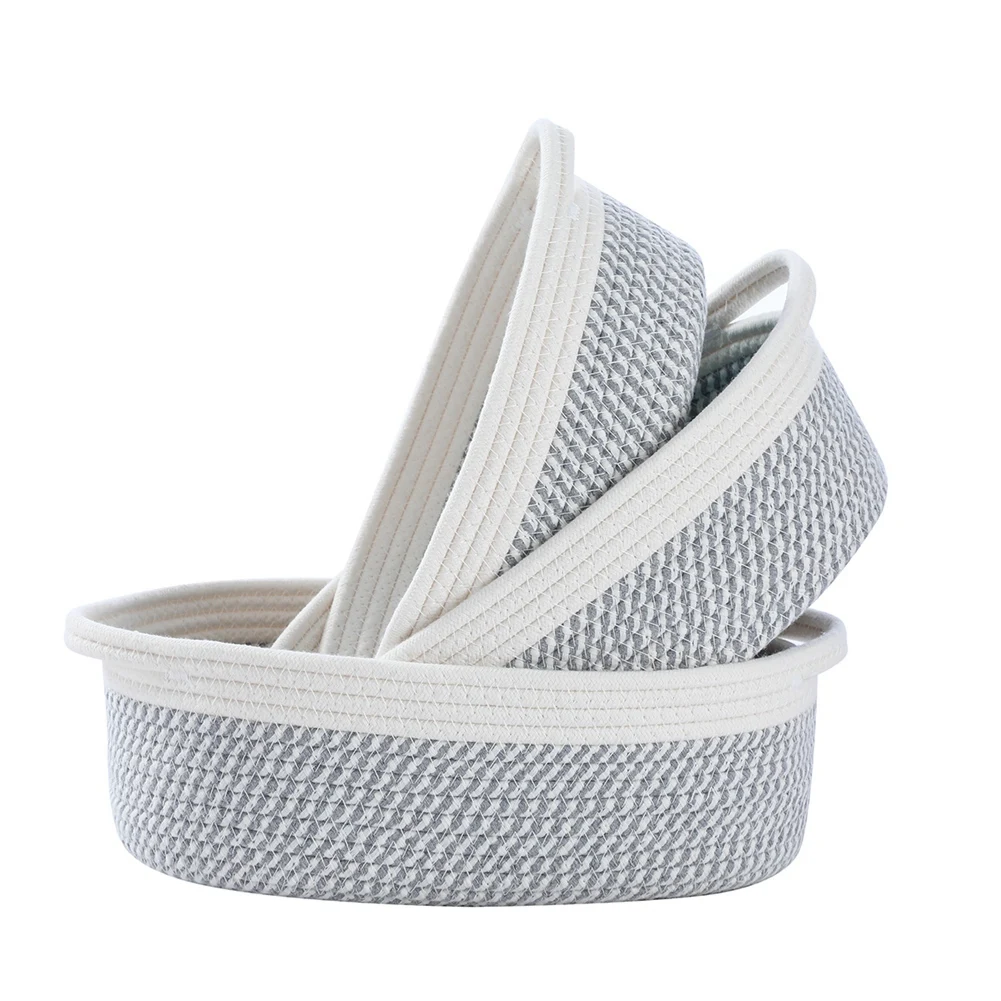 

3-Piece Cotton Rope Baskets with Handles Natural Cotton Oval Woven Storage Basket Set Toy Basket -White+Light Gray 2