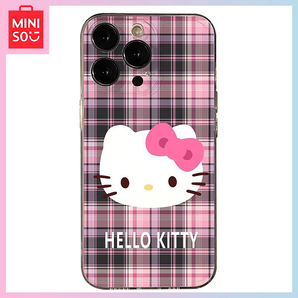 

Miniso Hello Kitty Cartoon Pink Plaid Iphone15/14 Promax All-Inclusive 13Pro 12/11 Soft Phone Case Girls Birthday Christmas Gift