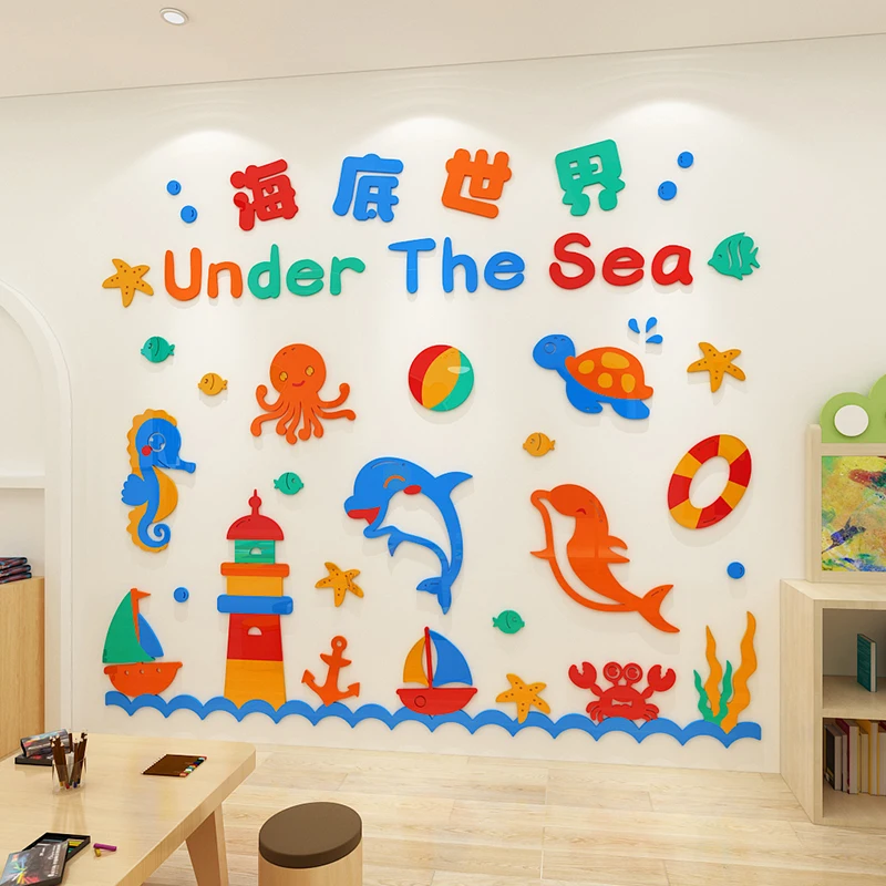 

Cartoon Underwater World Wall Sticker Ocean Cute Fish Kids Room Decoration Stickers Bathroom Self-adhesive Home Bedroom Decor C
