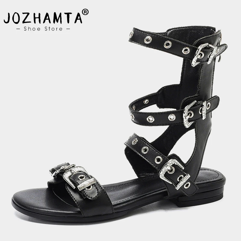 

JOZHAMTA Size 34-40 Womrn Rome Sandals Buckle Strap Low Heels Summer Shoes Women 2023 Real Leather Flats Sandal Slingback Shoes