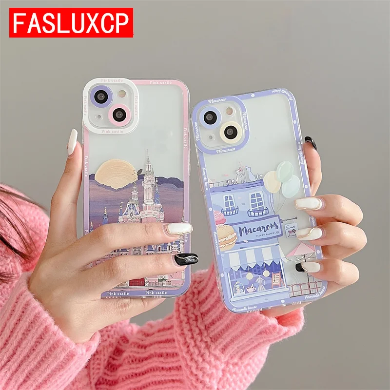

for Funda iPhone 13 Pro Max 12 Mini 11 X XR XS 6 6S 7 8 Plus SE 2022 Luxury Castle Clear Lens Protective Phone Back Case Cover