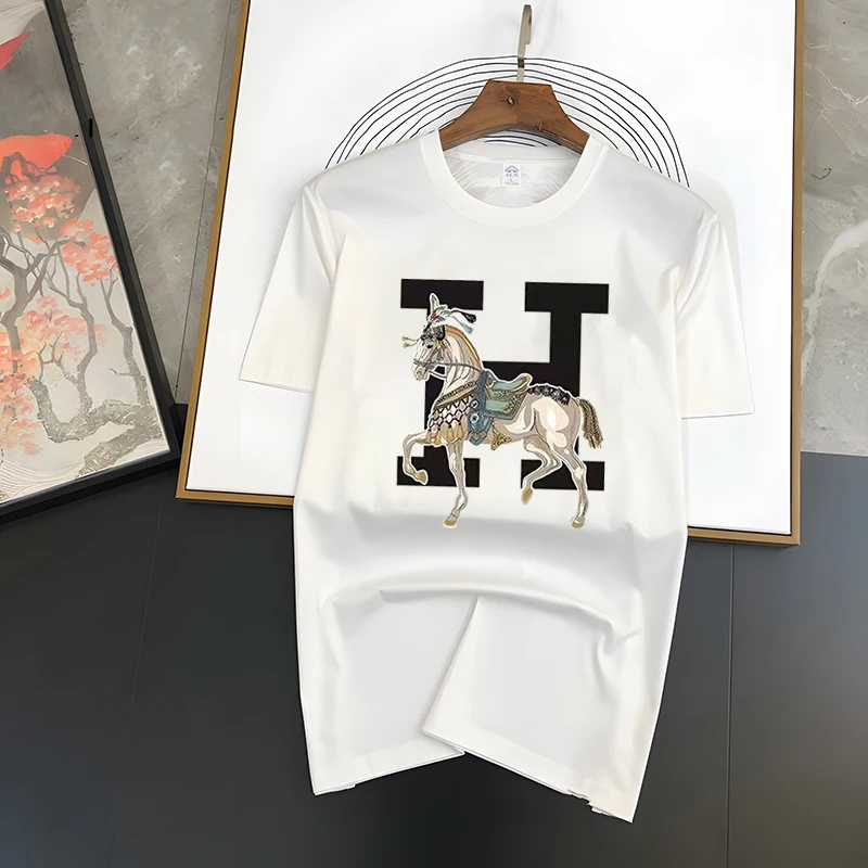 

New Men's Cotton T-shirt Summer Fine Horse Graphic Short Sleeve Top High Quality Oversized T-shirt Men Clothing Y2k Streetwear