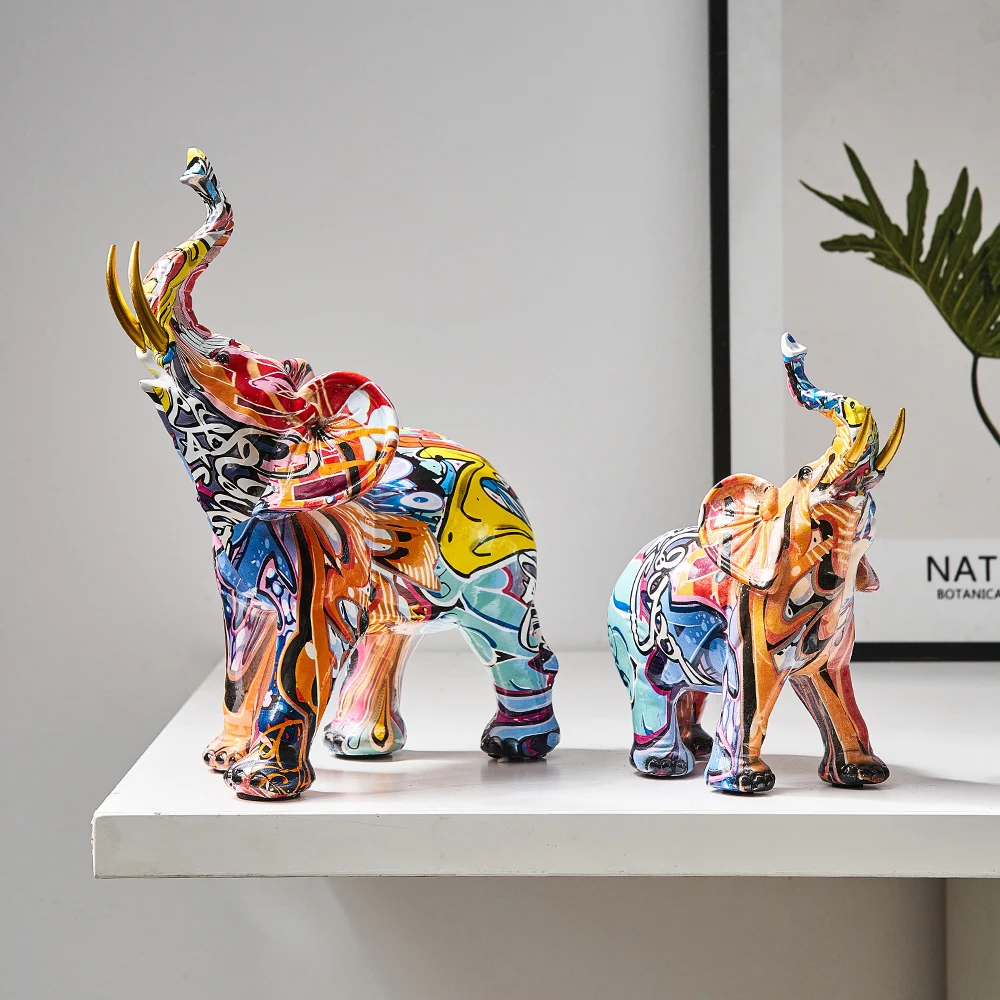 

Nordic Art Colorful Elephant Sculpture Resin Animal Statue Graffiti Home Living Room Desk Aesthetic Crafts Decoration Ornament