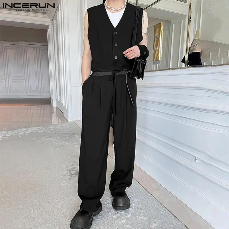 

INCERUN 2023 красивые мужские майки в Корейском стиле с V-образным вырезом без рукавов однотонные комбинезоны с поясом Повседневная Уличная одежда Жилеты строгие