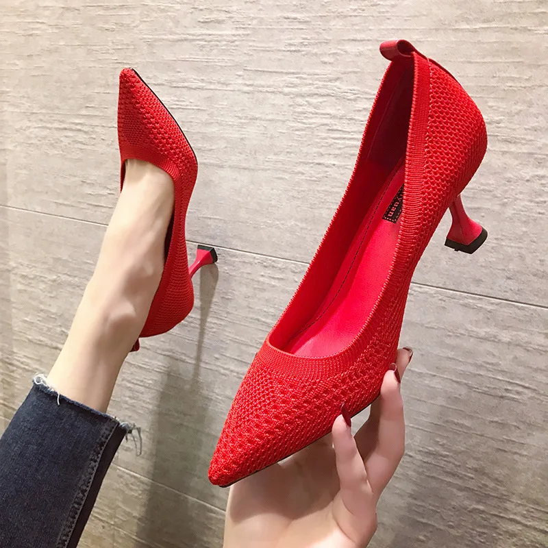 

Shoes For Women 2022Spring Ol Office Lady High Heels Knit Stretch Fabric Pumps Women Dress Shoes Pointed Toe Zandalias De Mujer