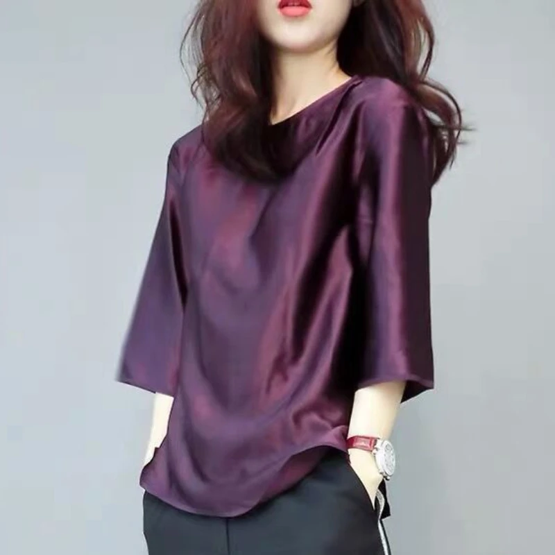 

Spring Summer Blouses 2022 New Casual Tops Loose Office Lady Shirt Elegant O-Neck Solid Color 3/4 Sleeve Oversized Satin Blouse