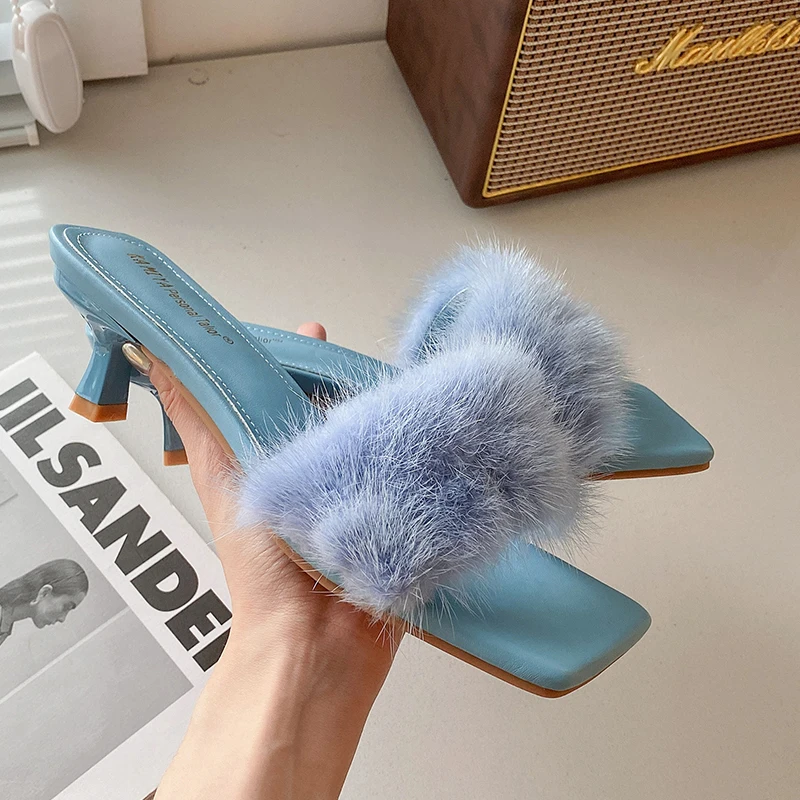 

Туфли-лодочки женские с открытым носком, меховые сандалии на высоком каблуке, Повседневная Роскошная обувь для вечеринки, летние Тапочки