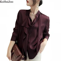 kohuijoo formal blouse women elegant purple long sleeve ruffle bow lace up chiffon ribbon shirt office shirts ladies spring 2022