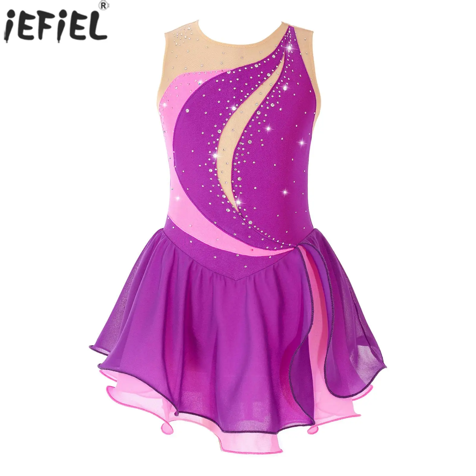 

Kids Girls Ballet Dance Dress Rhinestone Sleeveless Round Collar Lyrical Gymnastics Leotard Dress Skating Performance Costumes