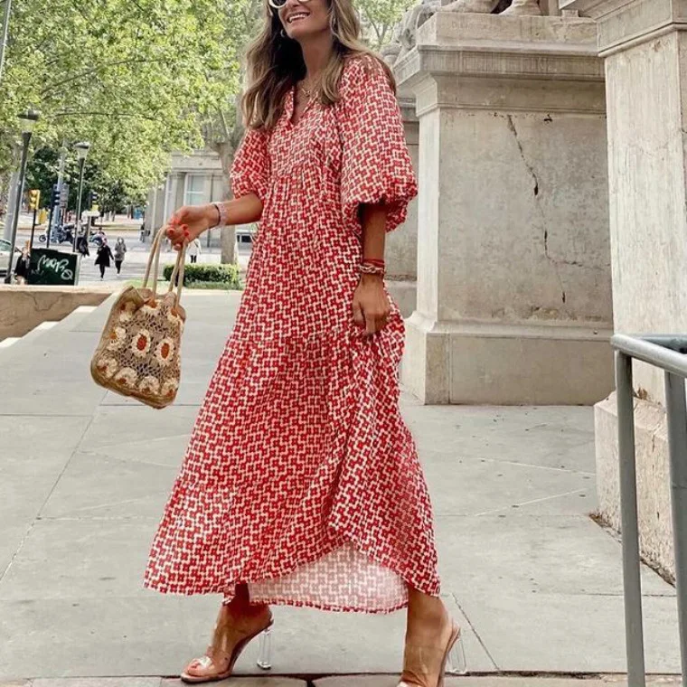 

Summer Puff Sleeve Long Dress Ruched Geometric Print Half Sleeve Dress Boho Maxi V-Neck Loose Holiday Beach Dress Large size
