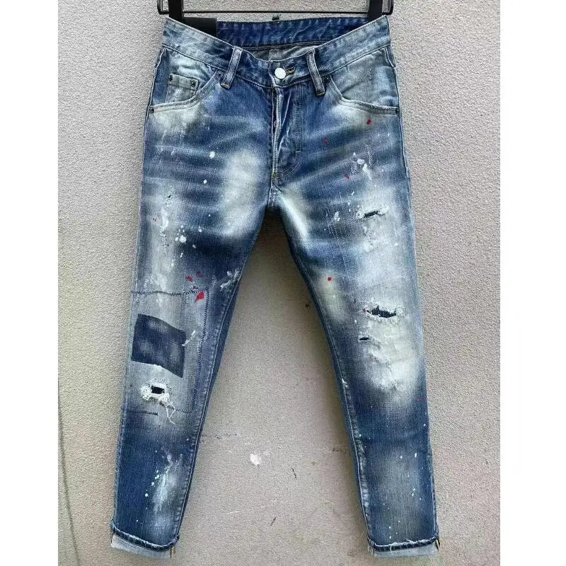 

Men's Casual Hole Spray Paint Jeans Fashion Trendy Moto&Biker High Street Denim Fabric Pants 106#