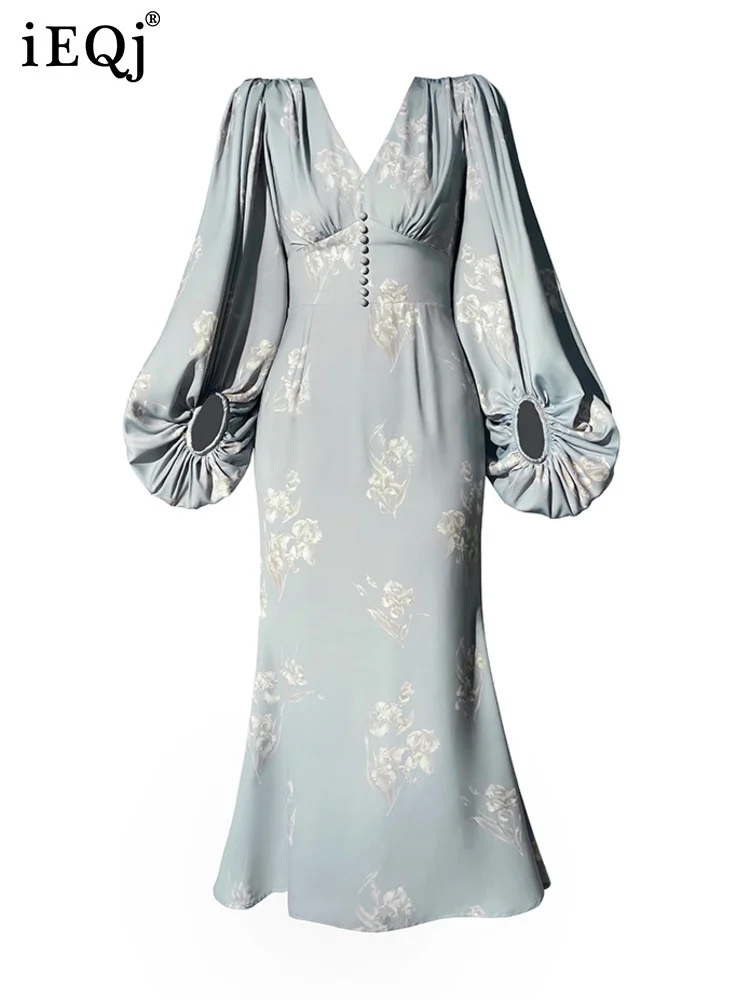 

Элегантные платья IEQJ с принтом для женщин, лето 2023, новинка, v-образный вырез, длинный рукав, тонкая модель, одежда 3W3745