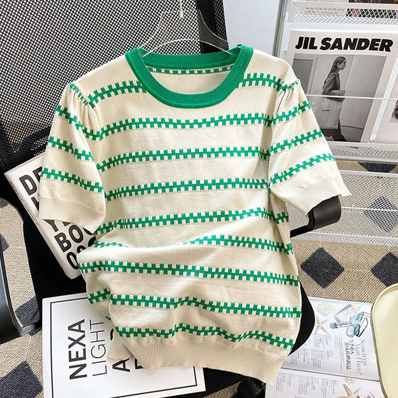 

2022 Summer Woman's Tops Larger Shirts Striped Casual Tees Green Knitting Loose Blouses